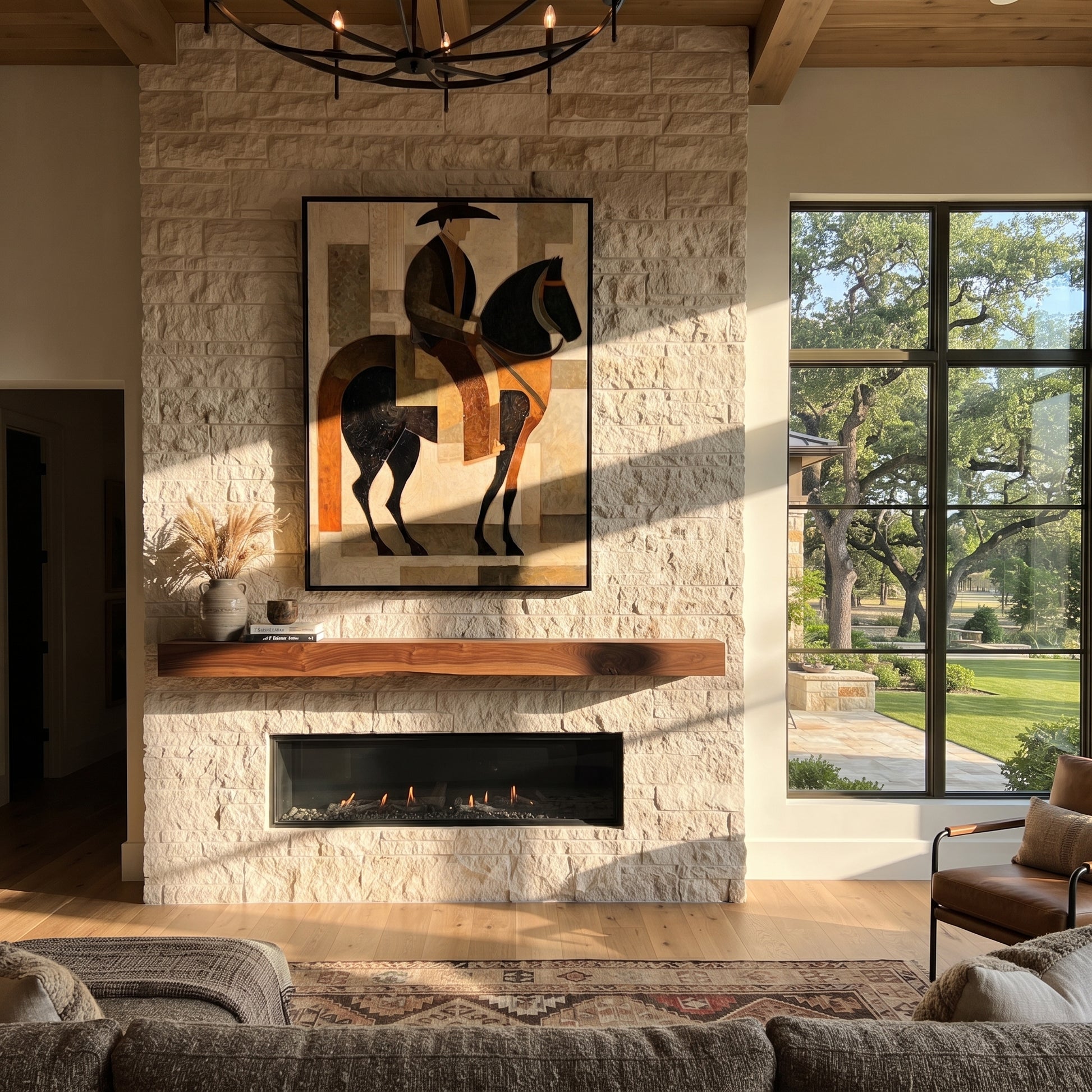 Brown Rider Crosses Geometry - geometric horse rider painting by Elliot Vale, modern figurative vertical wall art - styled room scene view 2