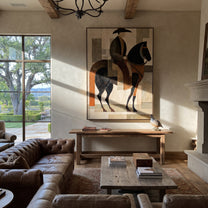 Brown Rider Crosses Geometry - geometric horse rider painting by Elliot Vale, modern figurative vertical wall art - styled room scene view 3