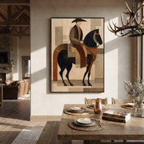 Brown Rider Crosses Geometry - geometric horse rider painting by Elliot Vale, modern figurative vertical wall art - styled room scene view 4