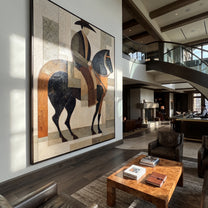Brown Rider Crosses Geometry - geometric horse rider painting by Elliot Vale, modern figurative vertical wall art - styled room scene view 5
