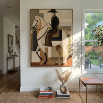 Pale Rider Holds Geometry - geometric white horse painting by Elliot Vale, modern figurative vertical wall art - styled room scene view 1