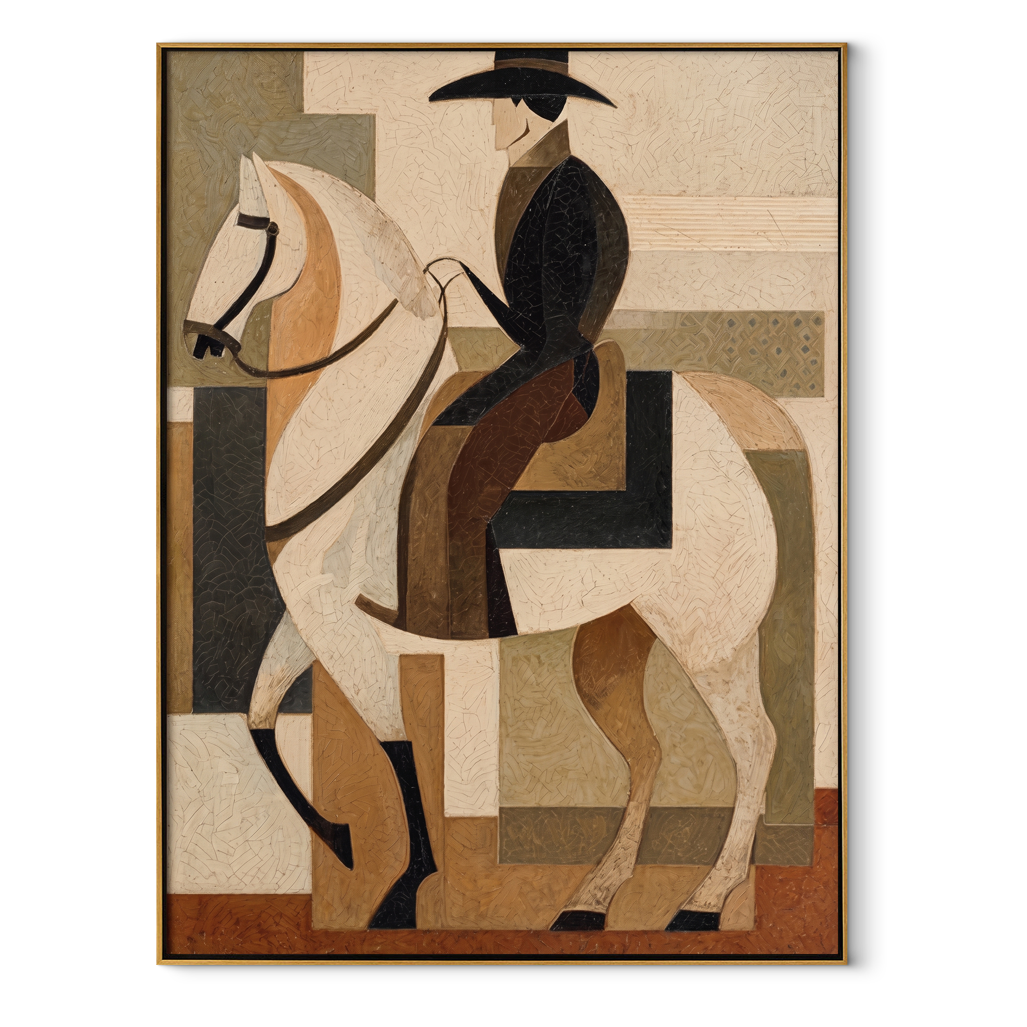 Pale Rider Holds Geometry - geometric white horse painting by Elliot Vale, modern figurative vertical wall art - wood frame on white background