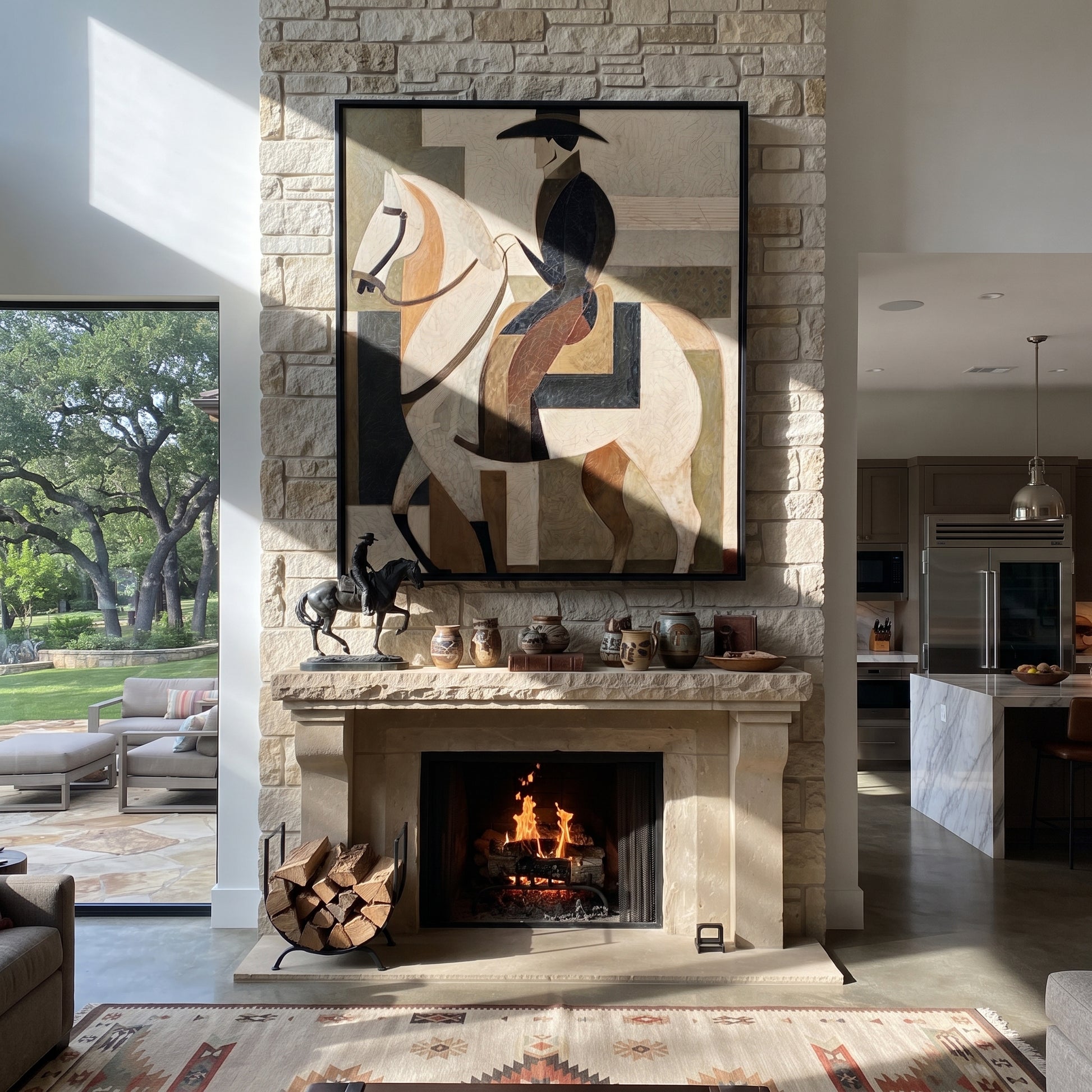 Pale Rider Holds Geometry - geometric white horse painting by Elliot Vale, modern figurative vertical wall art - styled room scene view 2