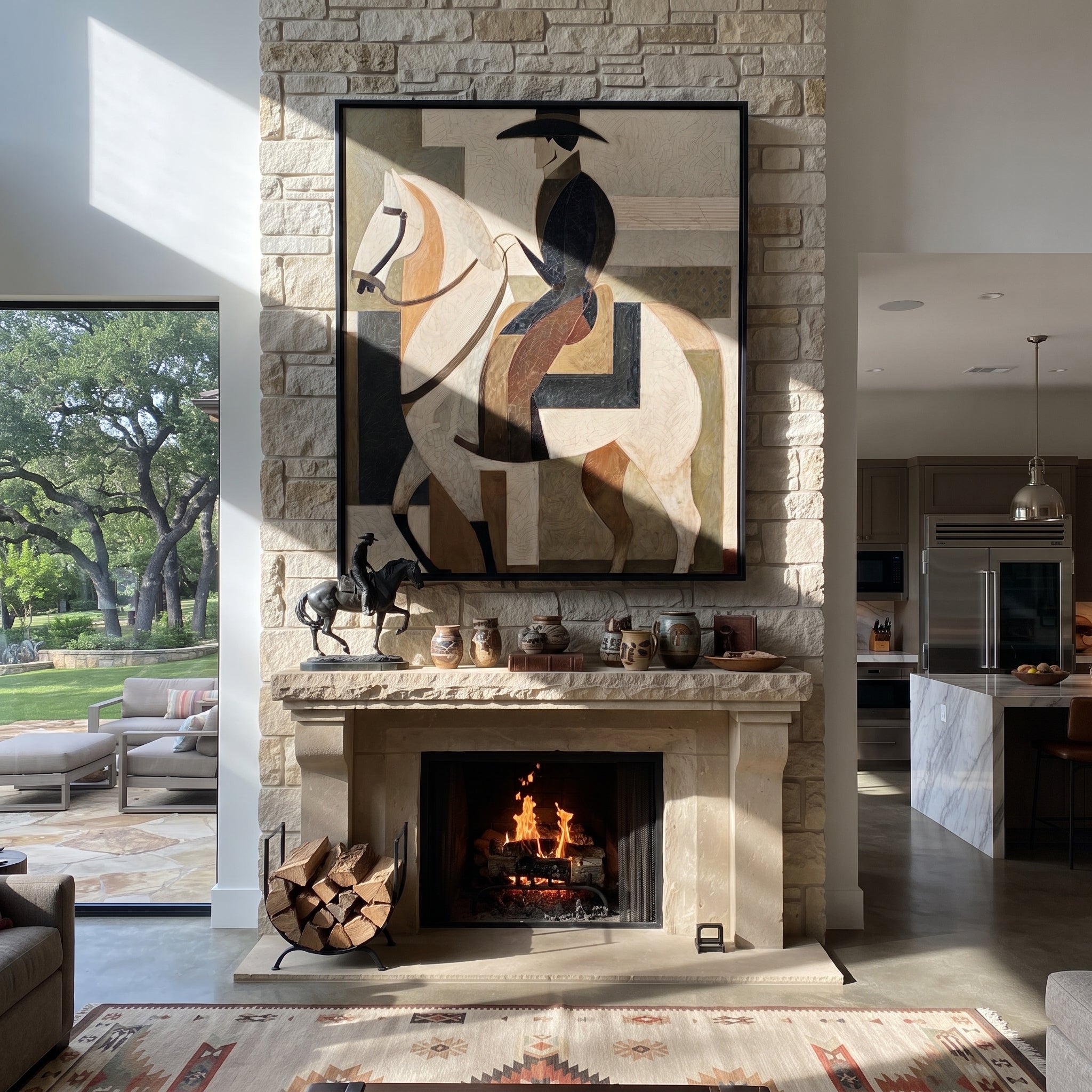 Pale Rider Holds Geometry - geometric white horse painting by Elliot Vale, modern figurative vertical wall art - styled room scene view 2
