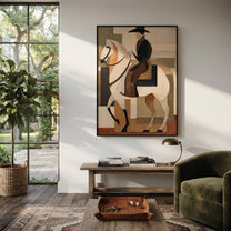 Pale Rider Holds Geometry - geometric white horse painting by Elliot Vale, modern figurative vertical wall art - styled room scene view 3