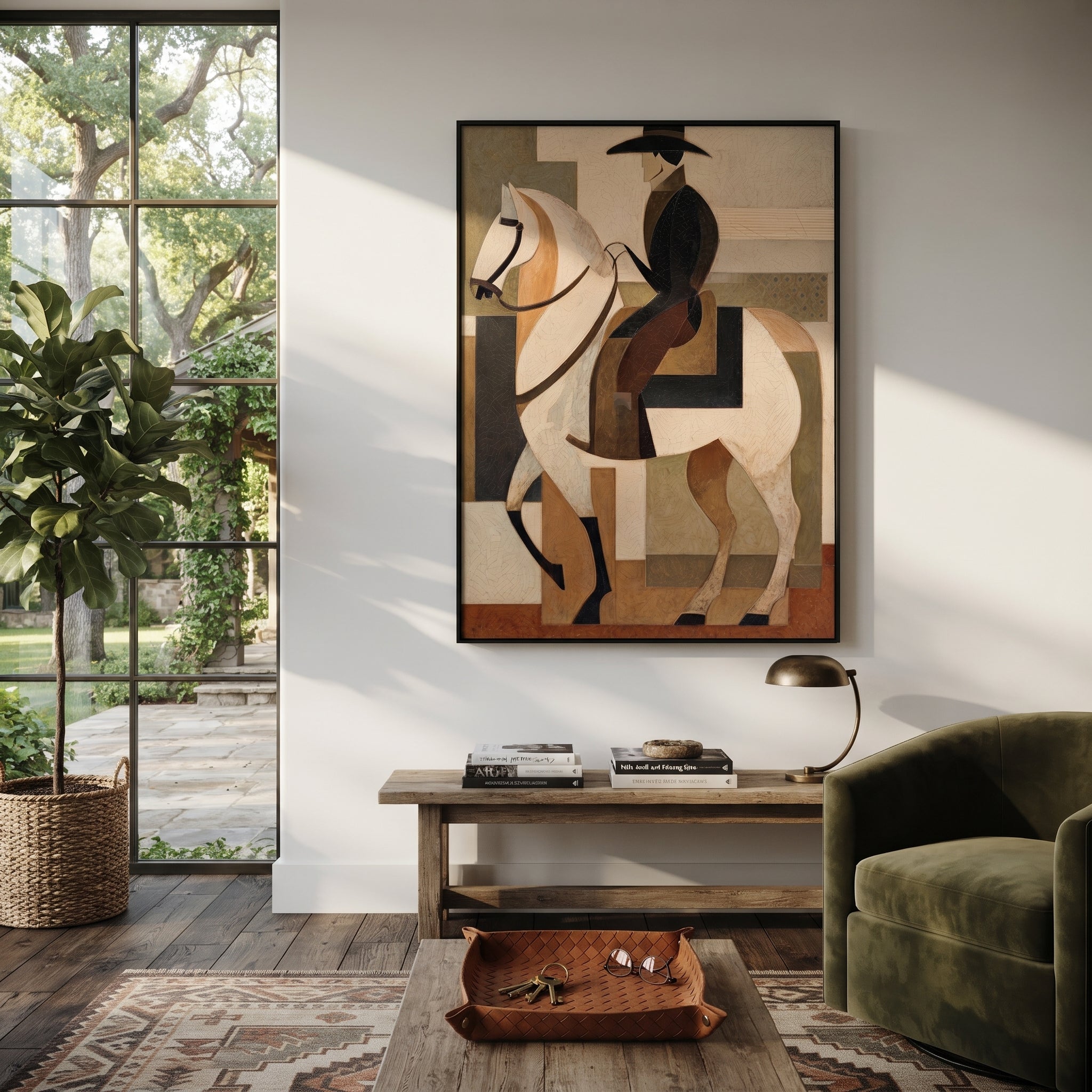 Pale Rider Holds Geometry - geometric white horse painting by Elliot Vale, modern figurative vertical wall art - styled room scene view 3