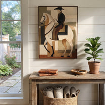 Pale Rider Holds Geometry - geometric white horse painting by Elliot Vale, modern figurative vertical wall art - styled room scene view 4