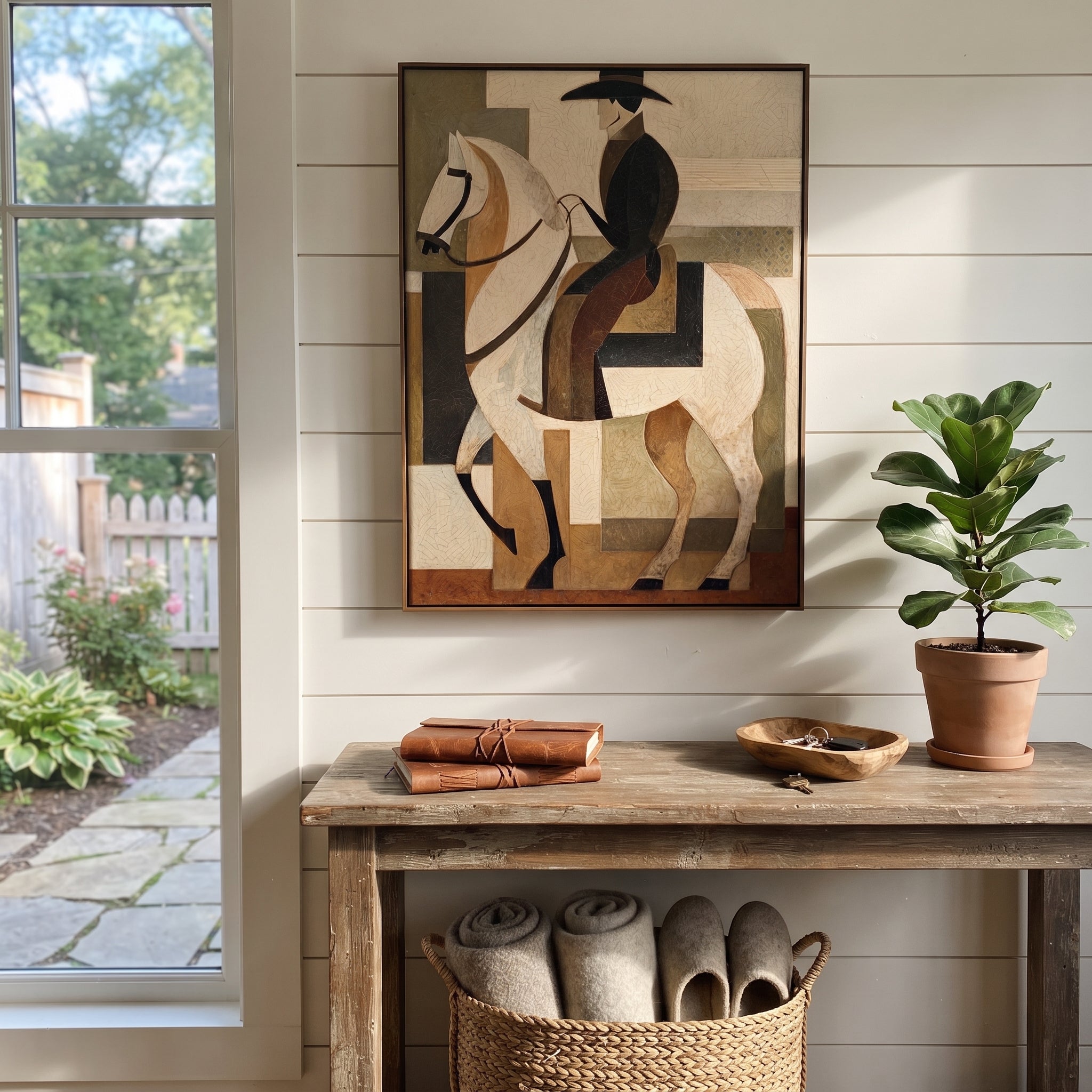 Pale Rider Holds Geometry - geometric white horse painting by Elliot Vale, modern figurative vertical wall art - styled room scene view 4