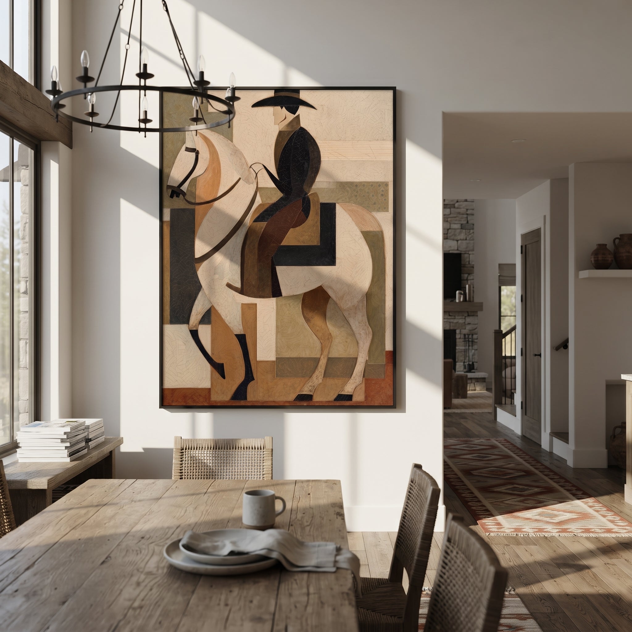 Pale Rider Holds Geometry - geometric white horse painting by Elliot Vale, modern figurative vertical wall art - styled room scene view 5