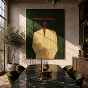 Red Face Waits Green - yellow robe figure painting by Elliot Vale, modern figurative vertical wall art - styled room scene view 1