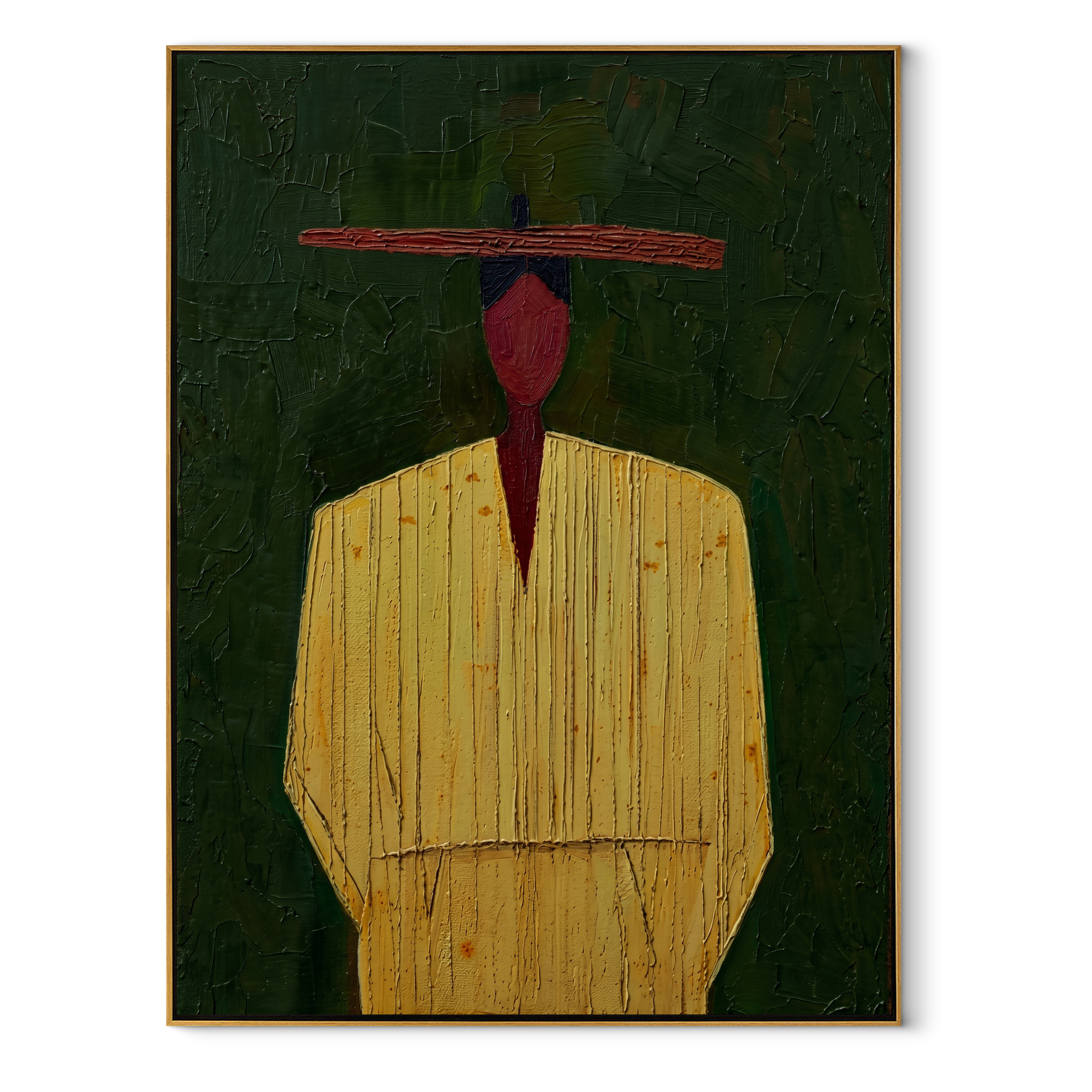 Red Face Waits Green - yellow robe figure painting by Elliot Vale, modern figurative vertical wall art - wood frame on white background