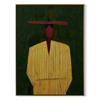 Red Face Waits Green - yellow robe figure painting by Elliot Vale, modern figurative vertical wall art - wood frame on white background