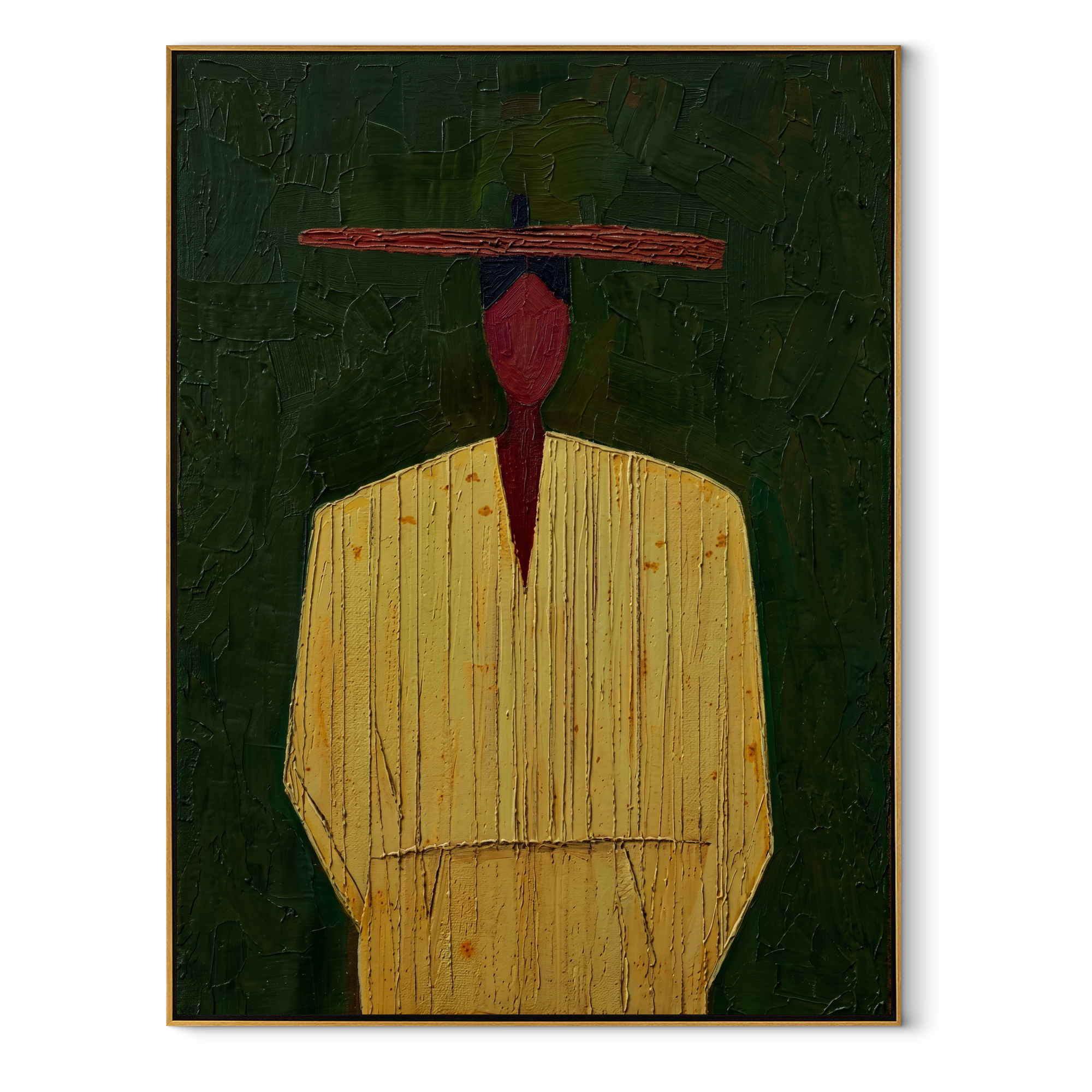 Red Face Waits Green - yellow robe figure painting by Elliot Vale, modern figurative vertical wall art - wood frame on white background