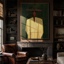 Red Face Waits Green - yellow robe figure painting by Elliot Vale, modern figurative vertical wall art - styled room scene view 2