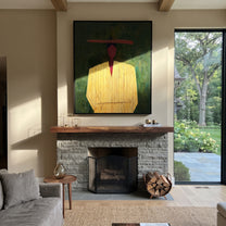 Red Face Waits Green - yellow robe figure painting by Elliot Vale, modern figurative vertical wall art - styled room scene view 3