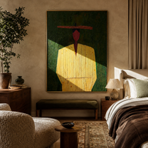 Red Face Waits Green - yellow robe figure painting by Elliot Vale, modern figurative vertical wall art - styled room scene view 4