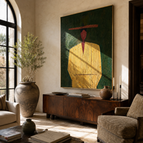 Red Face Waits Green - yellow robe figure painting by Elliot Vale, modern figurative vertical wall art - styled room scene view 5