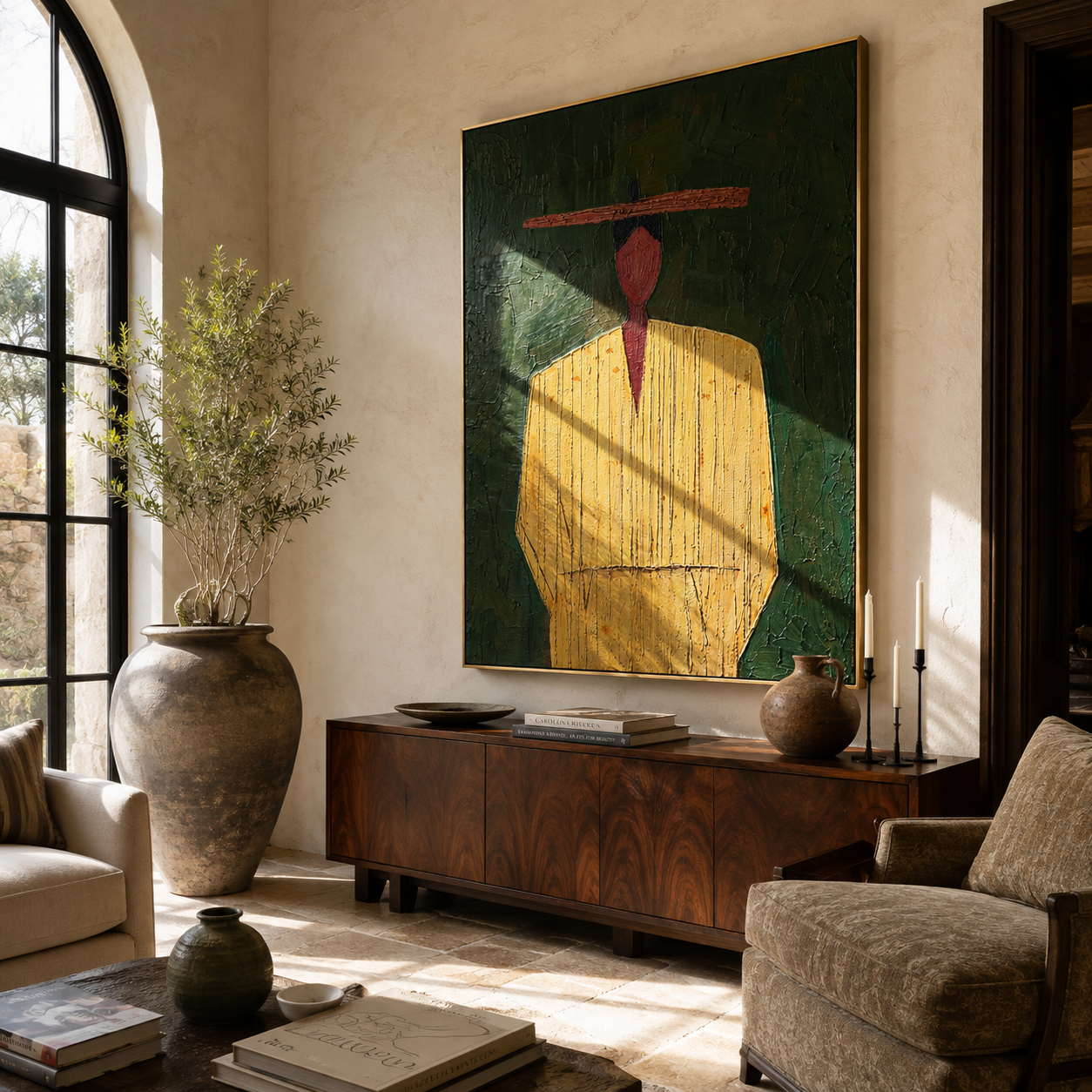 Red Face Waits Green - yellow robe figure painting by Elliot Vale, modern figurative vertical wall art - styled room scene view 5