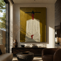 Black Bar Crowns Linen - minimal white robe painting by Elliot Vale, modern figurative vertical wall art - styled room scene view 1