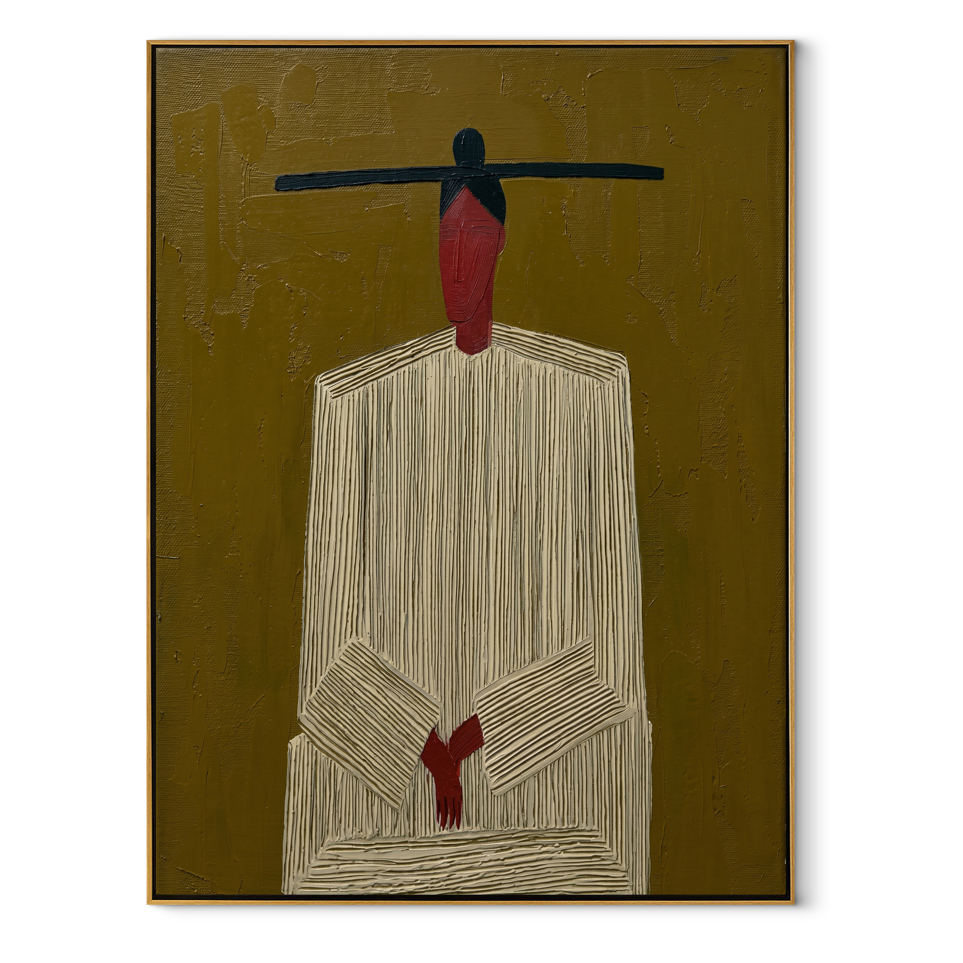 Black Bar Crowns Linen - minimal white robe painting by Elliot Vale, modern figurative vertical wall art - wood frame on white background