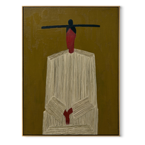 Black Bar Crowns Linen - minimal white robe painting by Elliot Vale, modern figurative vertical wall art - wood frame on white background