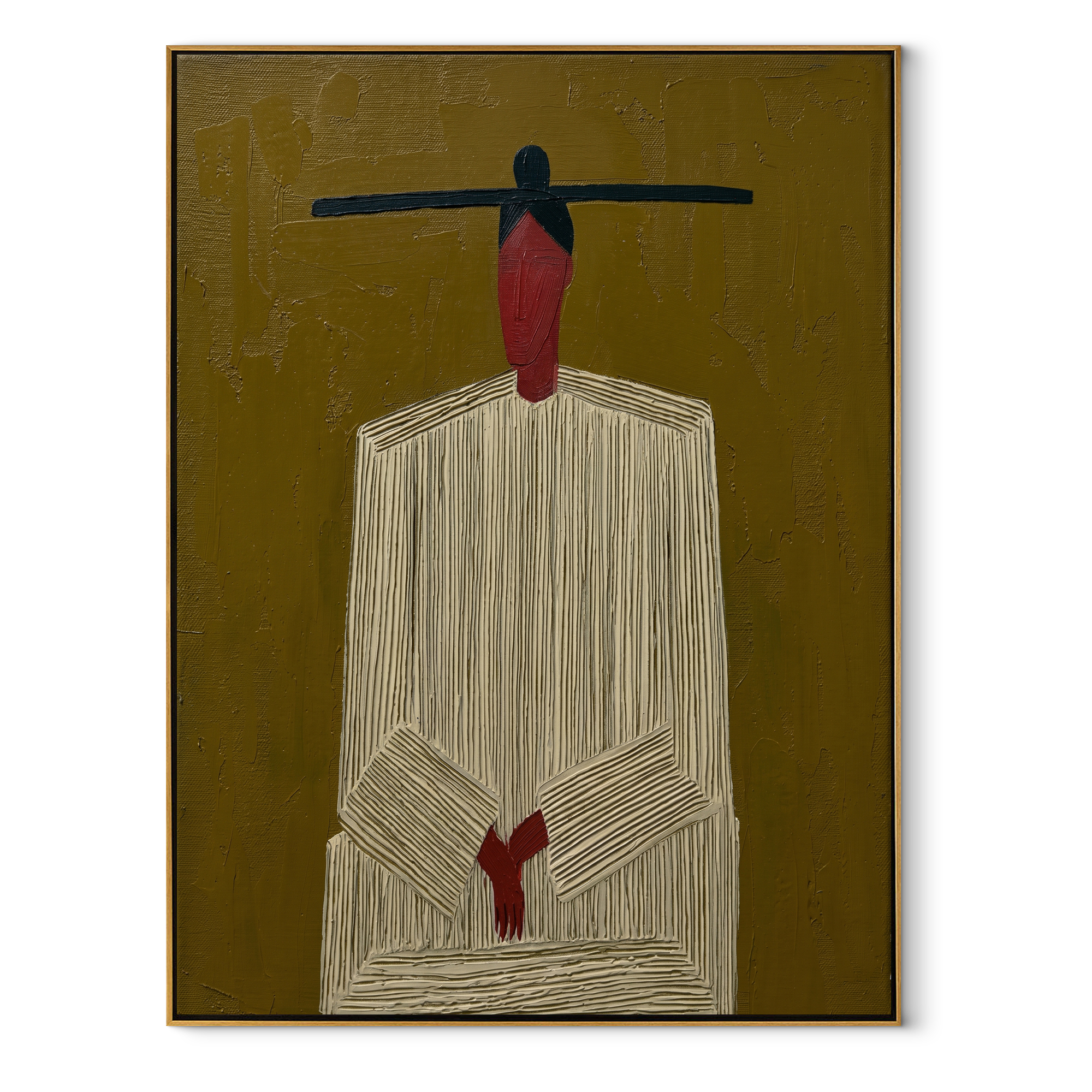 Black Bar Crowns Linen - minimal white robe painting by Elliot Vale, modern figurative vertical wall art - wood frame on white background