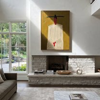 Black Bar Crowns Linen - minimal white robe painting by Elliot Vale, modern figurative vertical wall art - styled room scene view 2