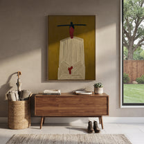 Black Bar Crowns Linen - minimal white robe painting by Elliot Vale, modern figurative vertical wall art - styled room scene view 4