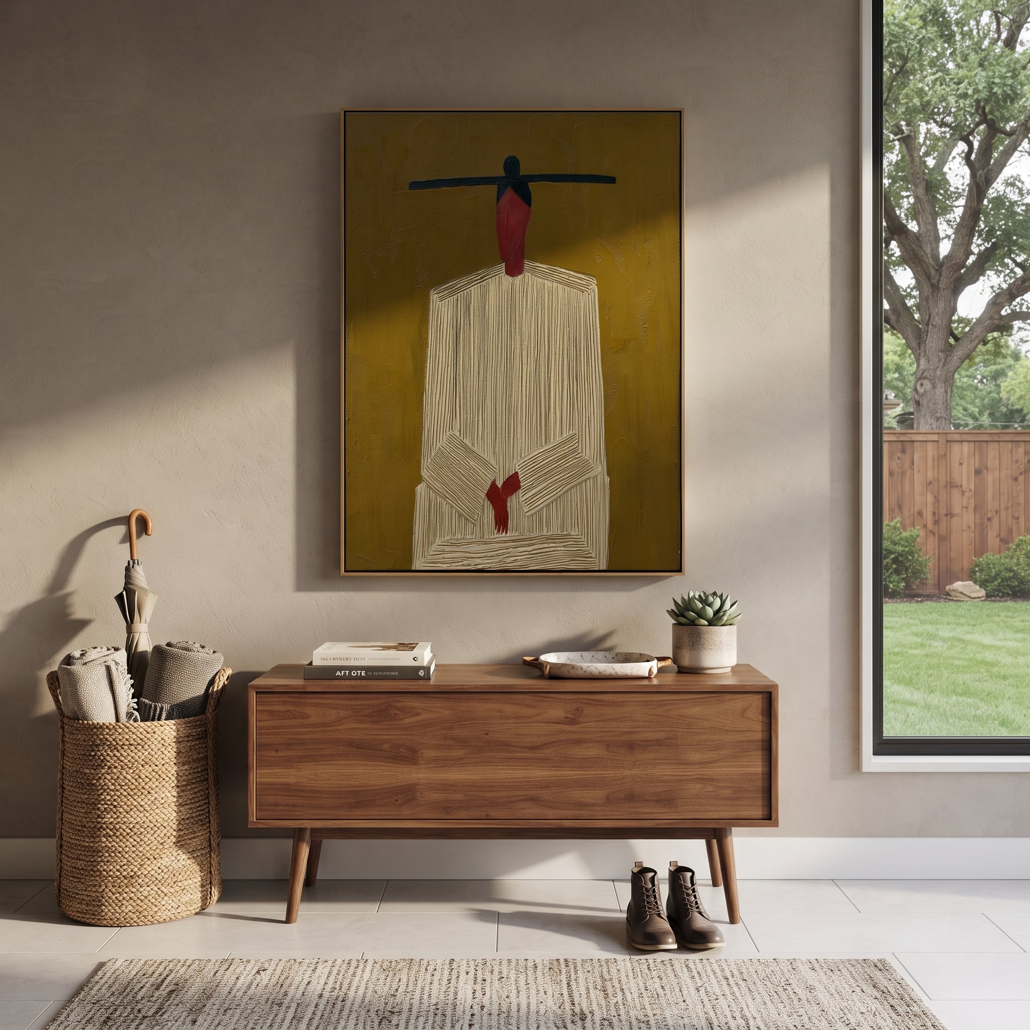Black Bar Crowns Linen - minimal white robe painting by Elliot Vale, modern figurative vertical wall art - styled room scene view 4