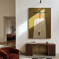 Black Bar Crowns Linen - minimal white robe painting by Elliot Vale, modern figurative vertical wall art - styled room scene view 5