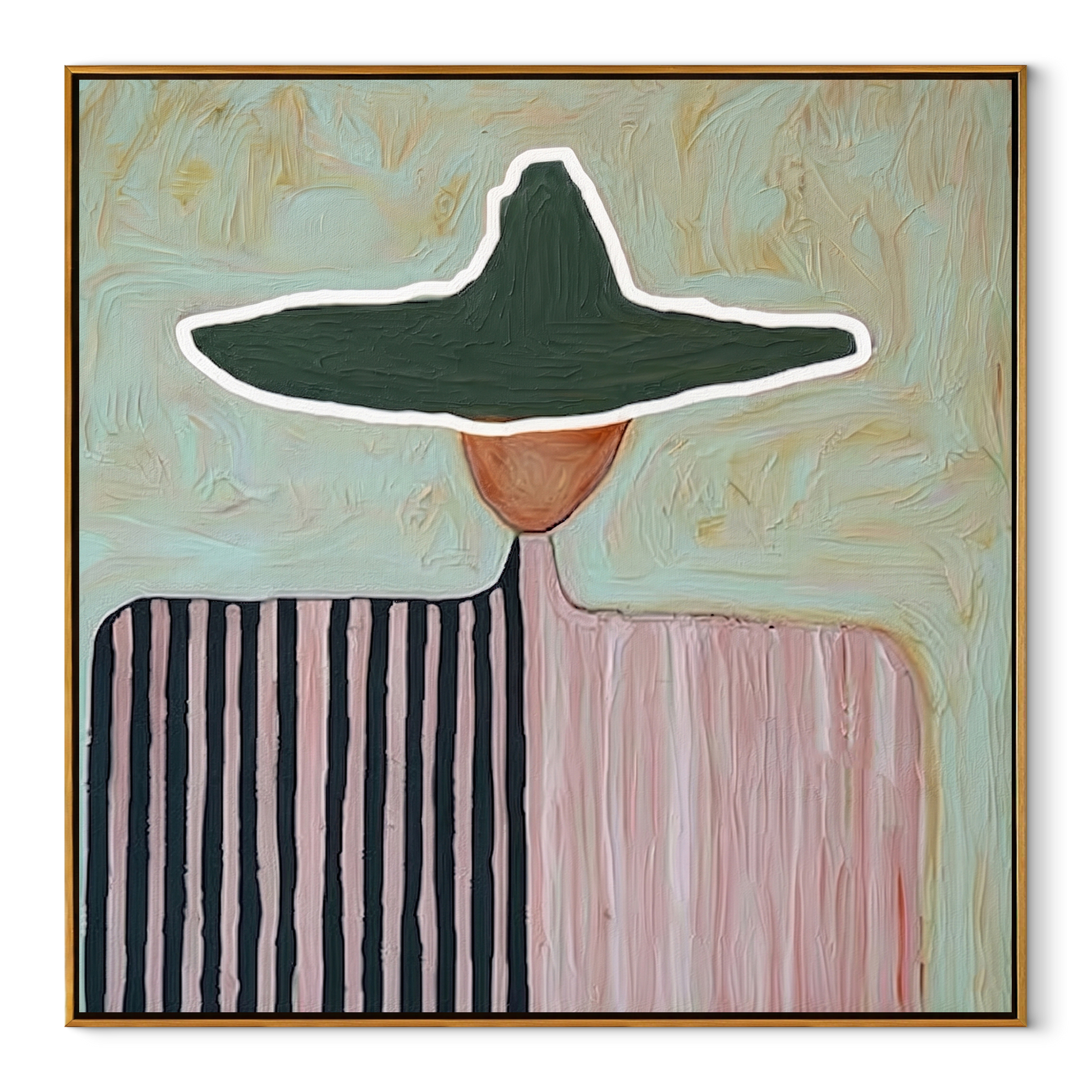 Split Stripes Share Pink - two tone figure painting by Elliot Vale, modern figurative square wall art - wood frame on white background