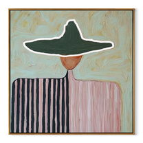 Split Stripes Share Pink - two tone figure painting by Elliot Vale, modern figurative square wall art - wood frame on white background