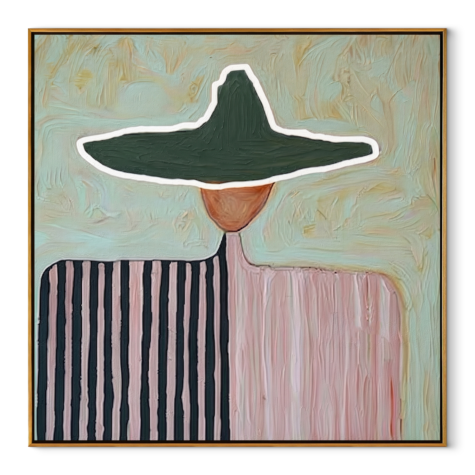 Split Stripes Share Pink - two tone figure painting by Elliot Vale, modern figurative square wall art - wood frame on white background