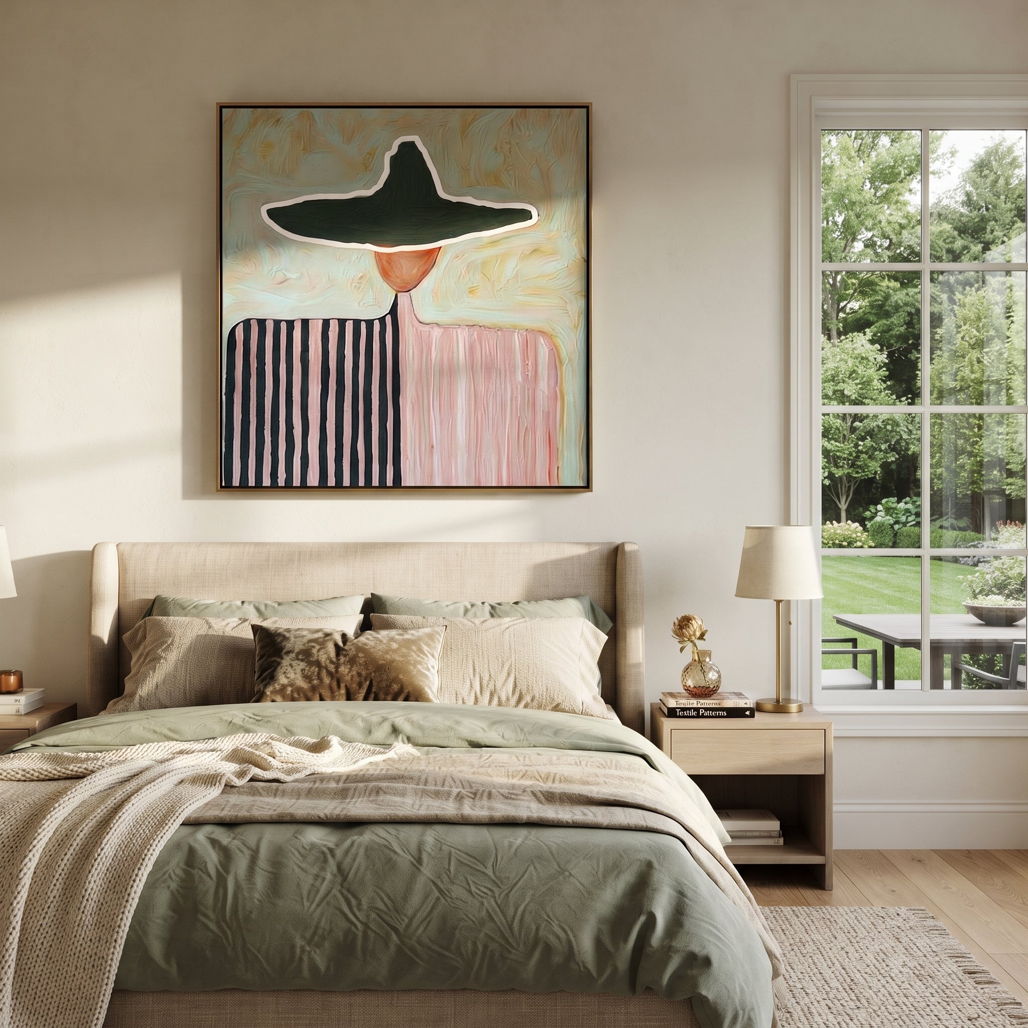 Split Stripes Share Pink - two tone figure painting by Elliot Vale, modern figurative square wall art - styled room scene view 2