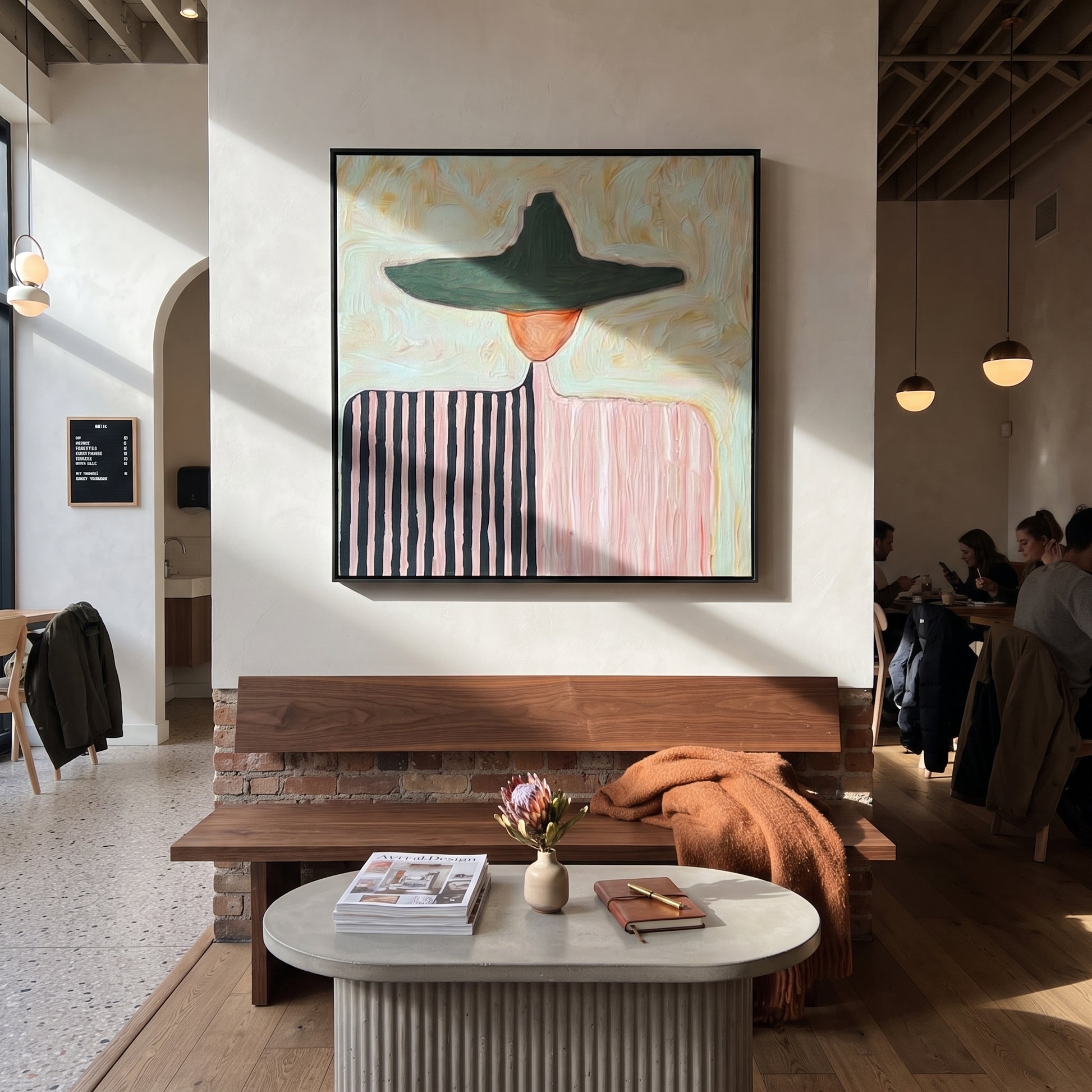 Split Stripes Share Pink - two tone figure painting by Elliot Vale, modern figurative square wall art - styled room scene view 3