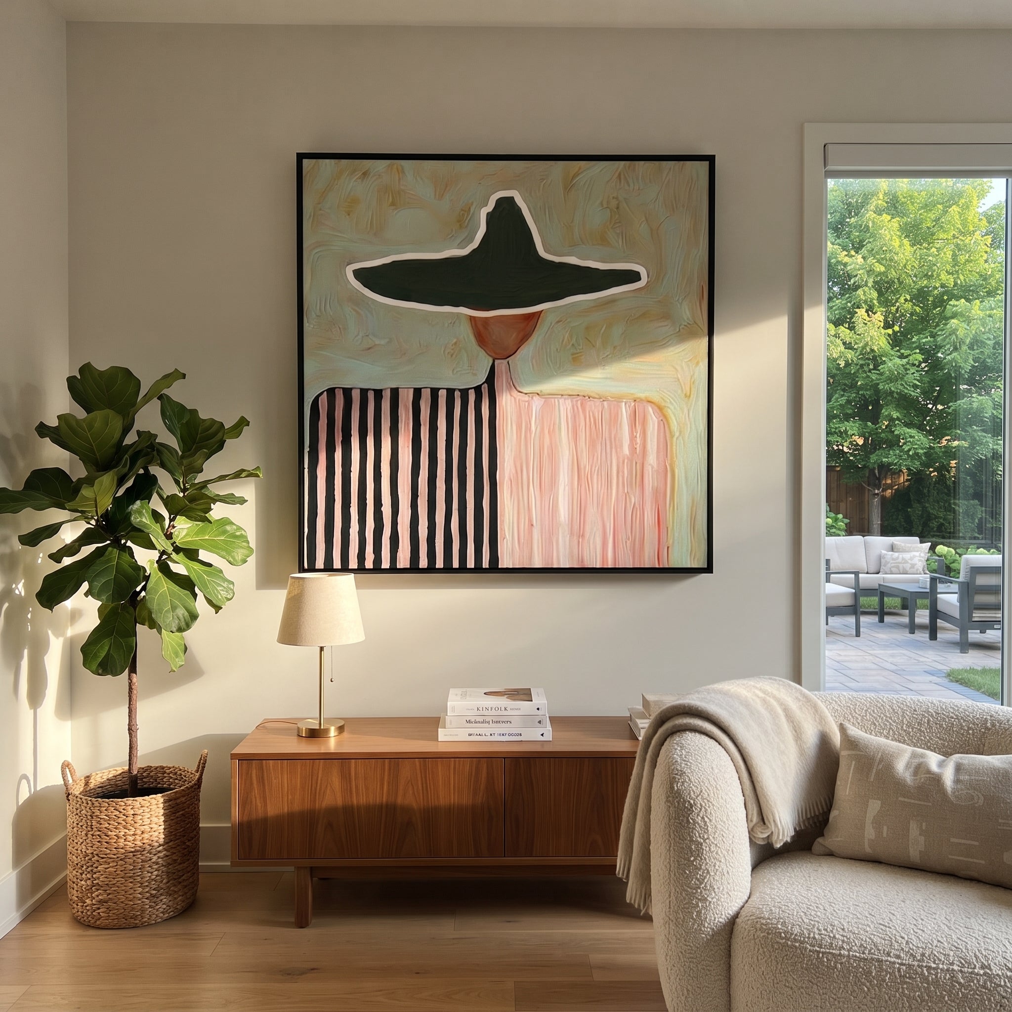 Split Stripes Share Pink - two tone figure painting by Elliot Vale, modern figurative square wall art - styled room scene view 4