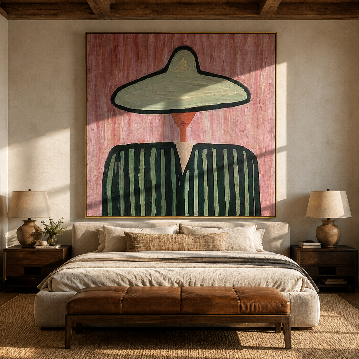 Green Brim Divides Color - two tone striped figure painting by Elliot Vale, modern figurative square wall art - styled room scene view 1