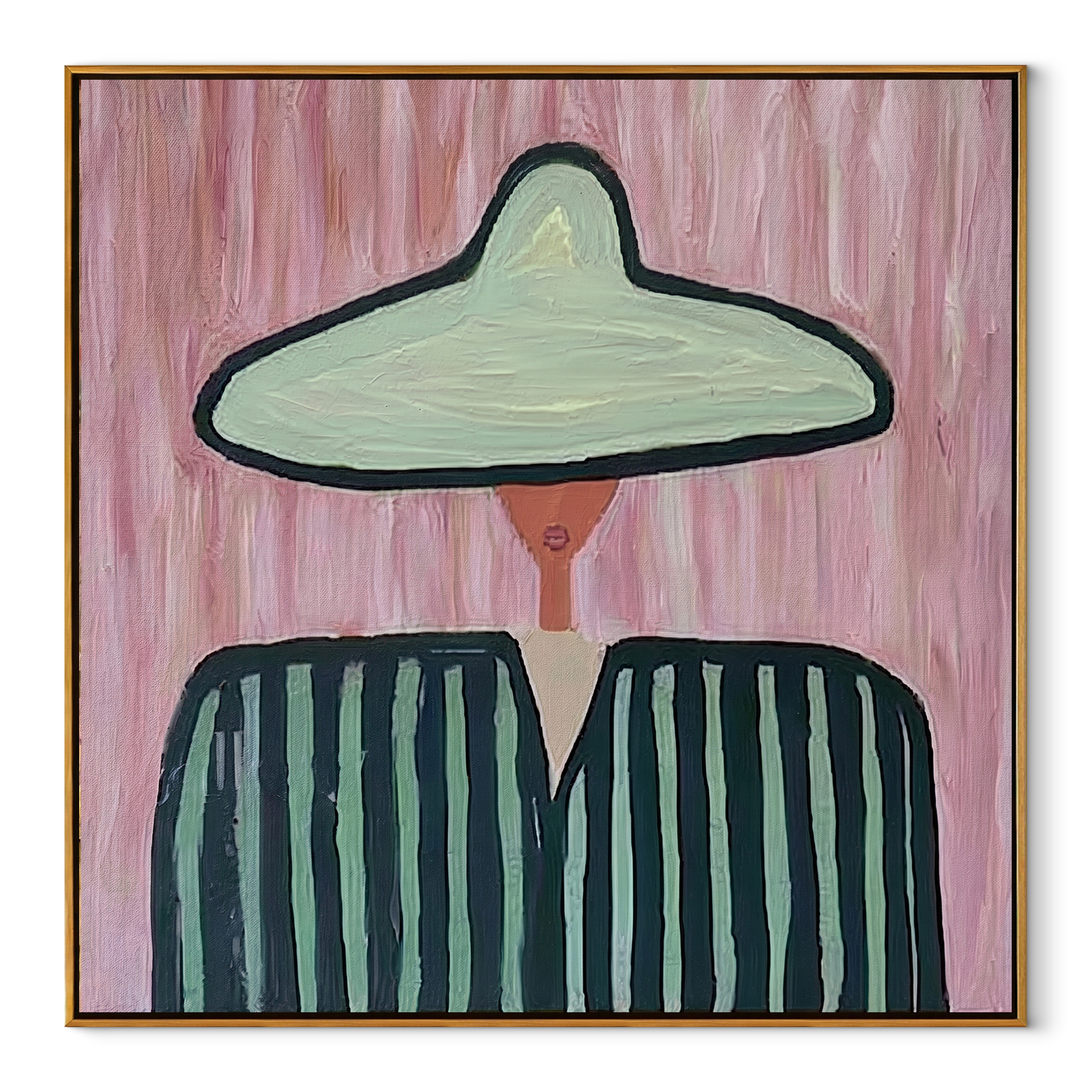 Green Brim Divides Color - two tone striped figure painting by Elliot Vale, modern figurative square wall art - wood frame on white background