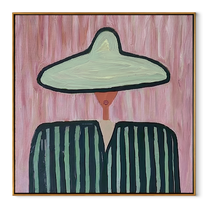 Green Brim Divides Color - two tone striped figure painting by Elliot Vale, modern figurative square wall art - wood frame on white background