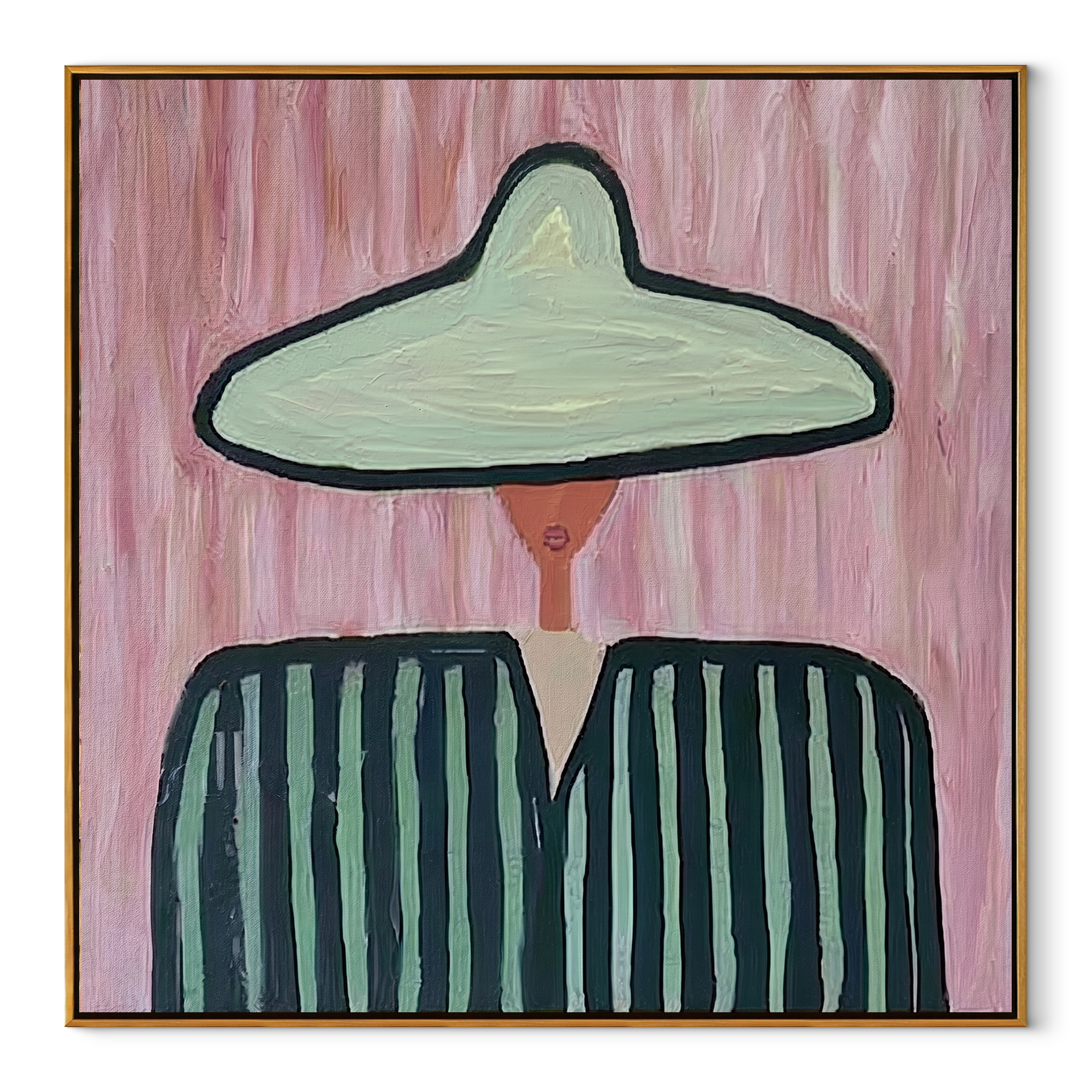 Green Brim Divides Color - two tone striped figure painting by Elliot Vale, modern figurative square wall art - wood frame on white background