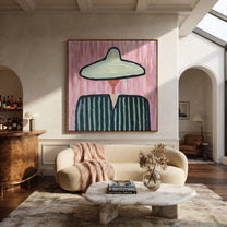 Green Brim Divides Color - two tone striped figure painting by Elliot Vale, modern figurative square wall art - styled room scene view 2