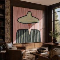 Green Brim Divides Color - two tone striped figure painting by Elliot Vale, modern figurative square wall art - styled room scene view 3