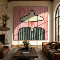 Green Brim Divides Color - two tone striped figure painting by Elliot Vale, modern figurative square wall art - styled room scene view 4
