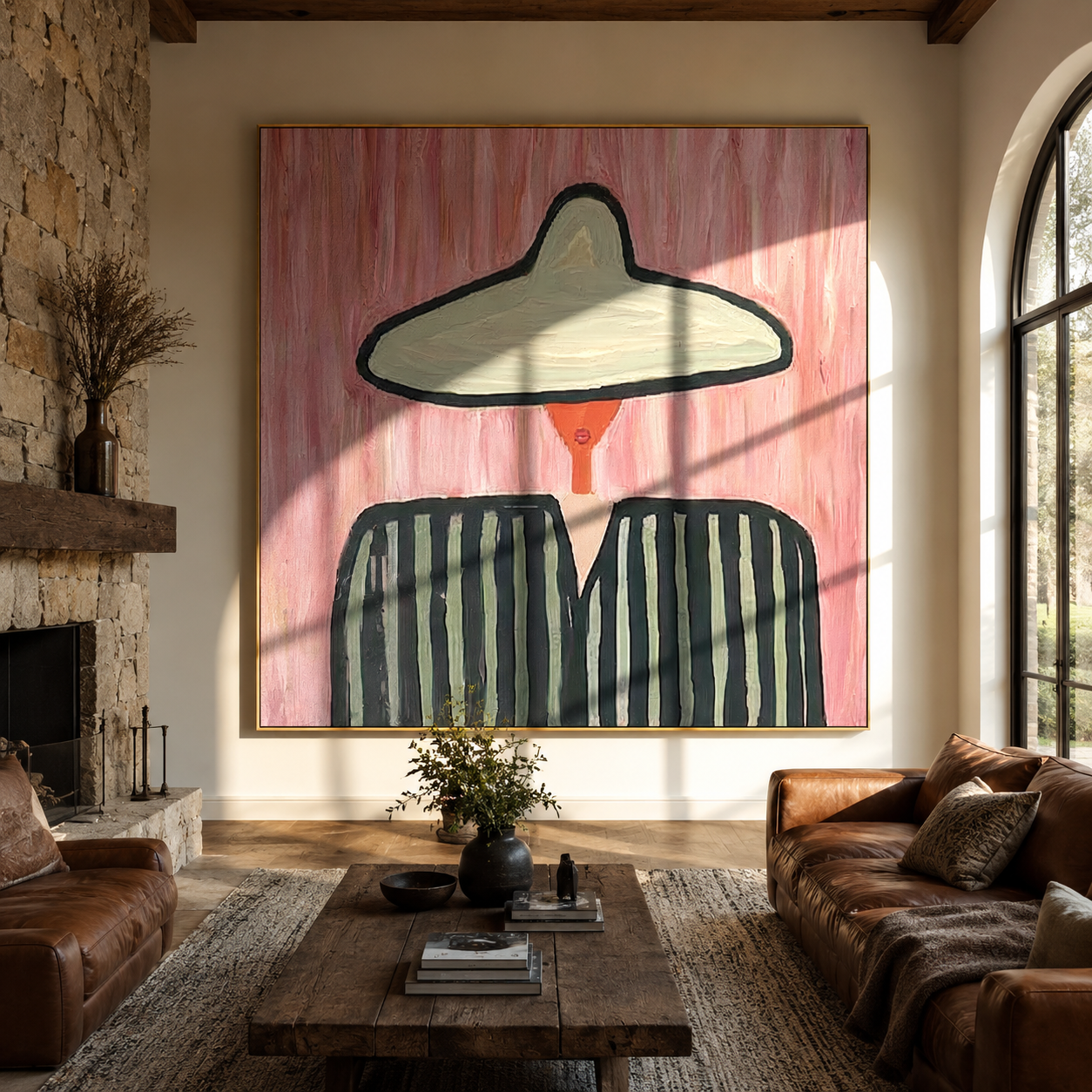 Green Brim Divides Color - two tone striped figure painting by Elliot Vale, modern figurative square wall art - styled room scene view 4
