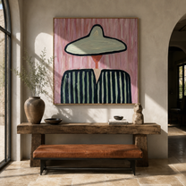 Green Brim Divides Color - two tone striped figure painting by Elliot Vale, modern figurative square wall art - styled room scene view 5