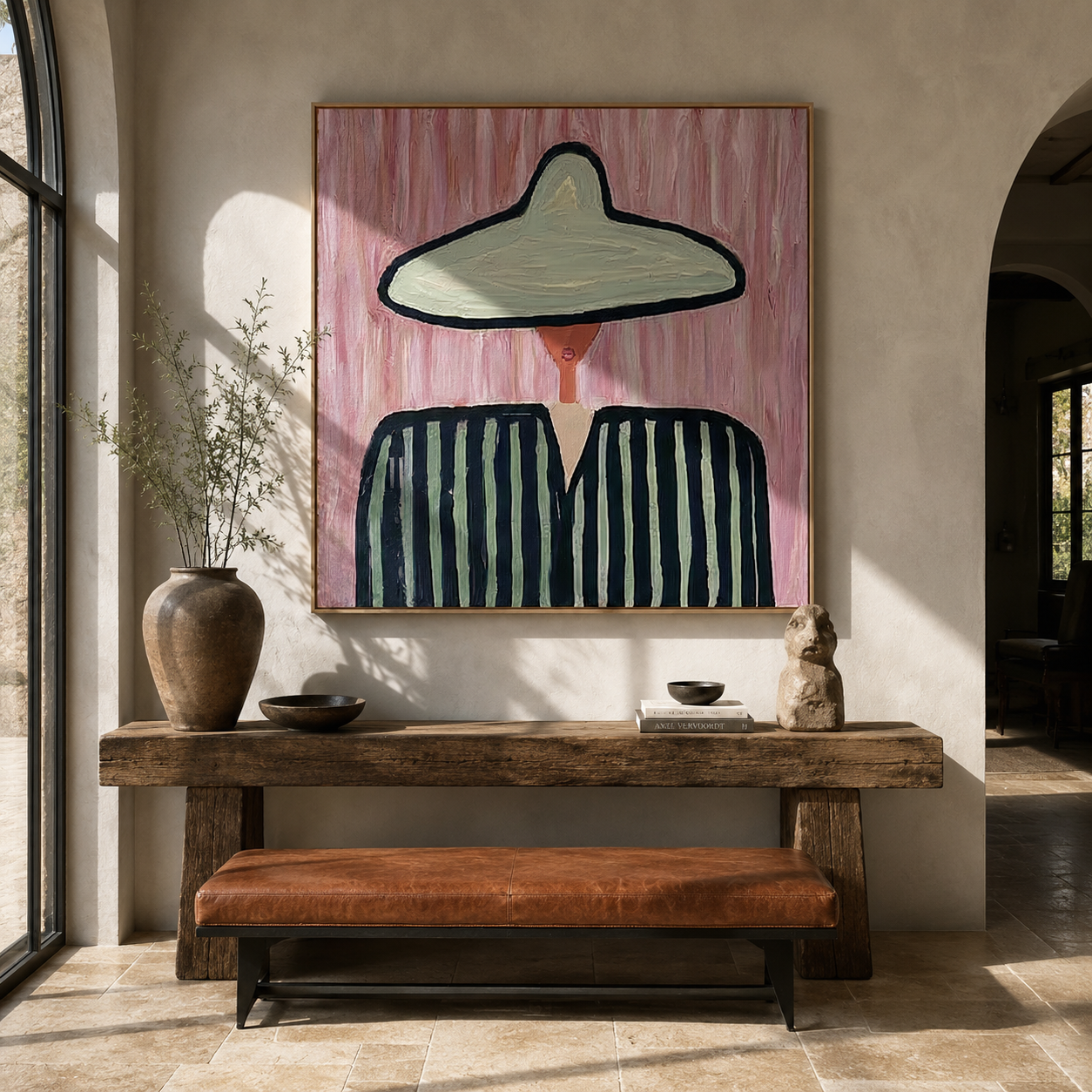 Green Brim Divides Color - two tone striped figure painting by Elliot Vale, modern figurative square wall art - styled room scene view 5