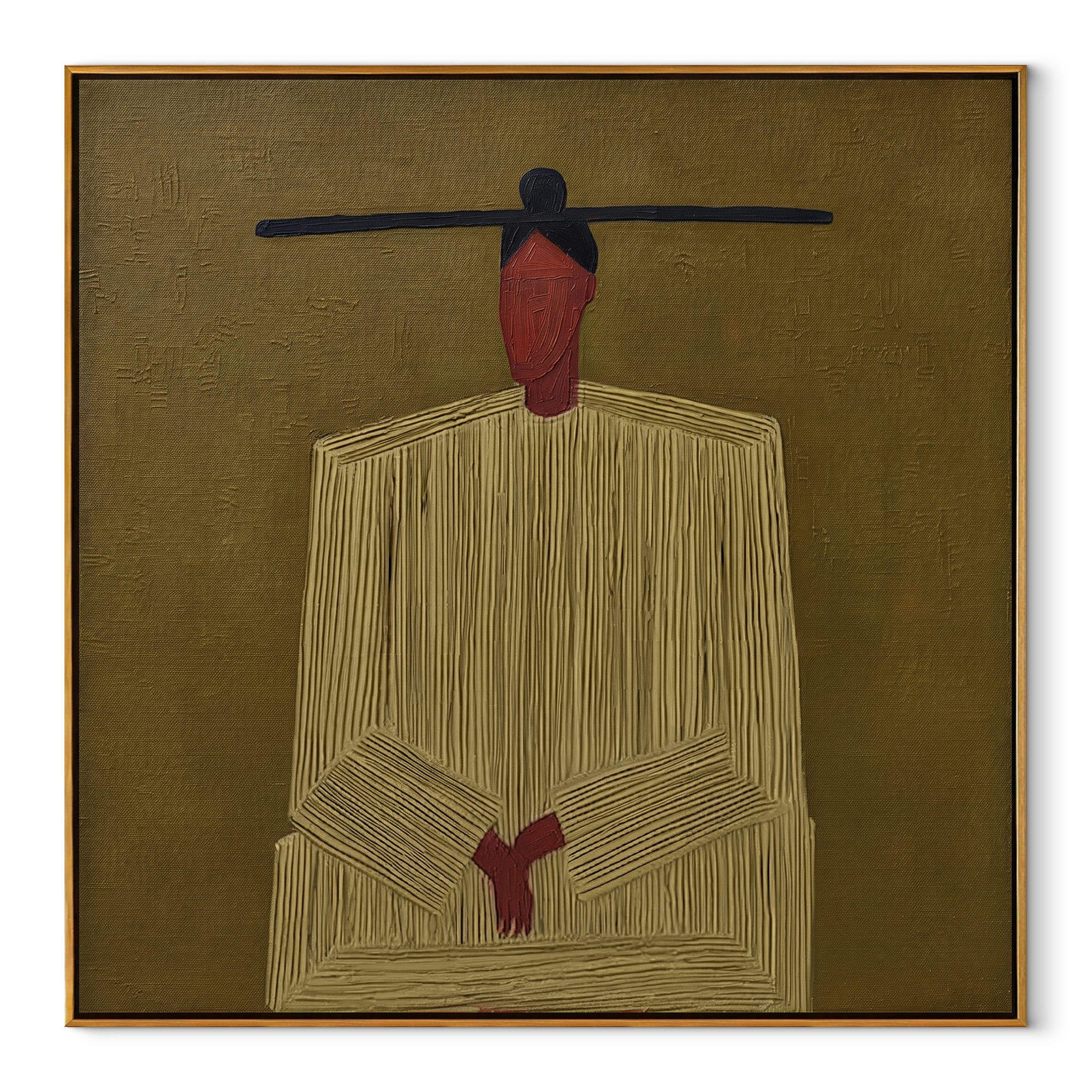 Pale Brim Floats Pink - green striped figure painting by Elliot Vale, modern figurative square wall art - wood frame on white background