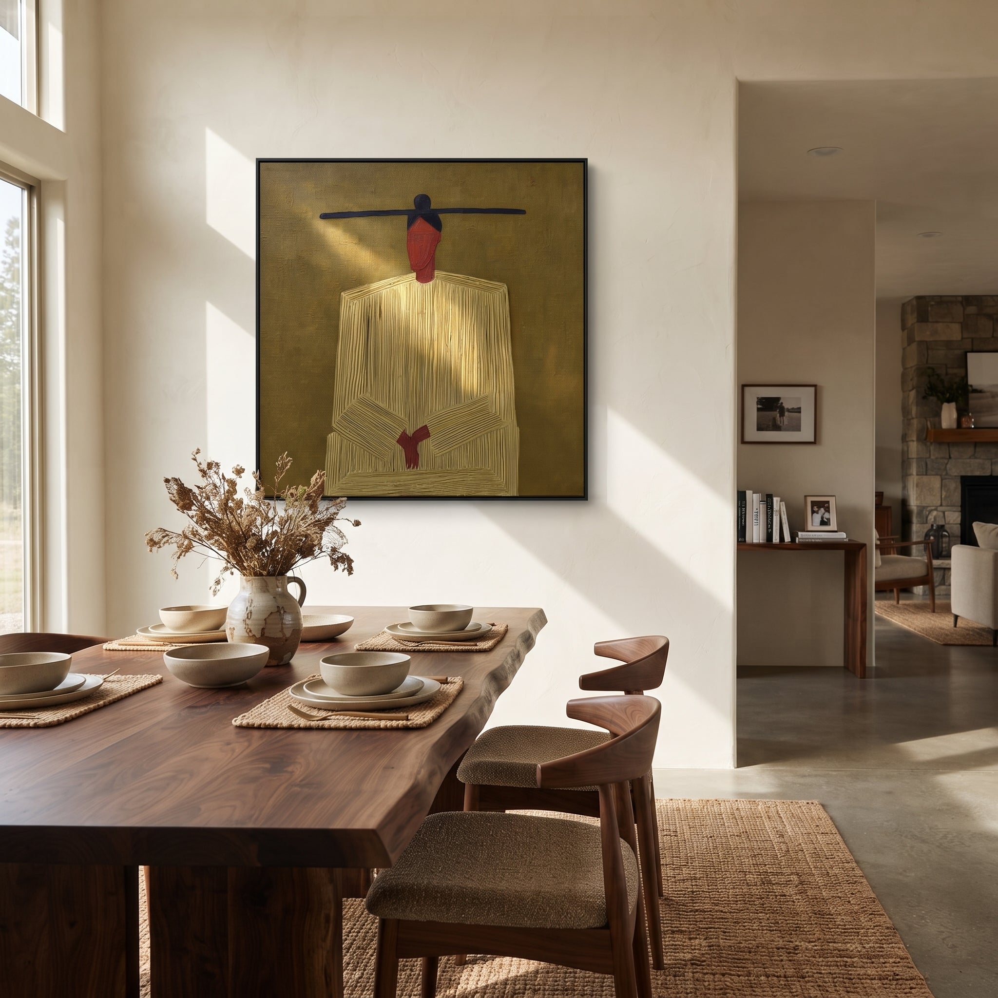 Pale Brim Floats Pink - green striped figure painting by Elliot Vale, modern figurative square wall art - styled room scene view 2