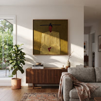 Pale Brim Floats Pink - green striped figure painting by Elliot Vale, modern figurative square wall art - styled room scene view 3