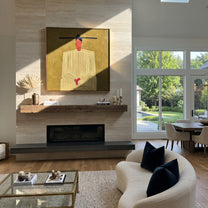 Pale Brim Floats Pink - green striped figure painting by Elliot Vale, modern figurative square wall art - styled room scene view 4